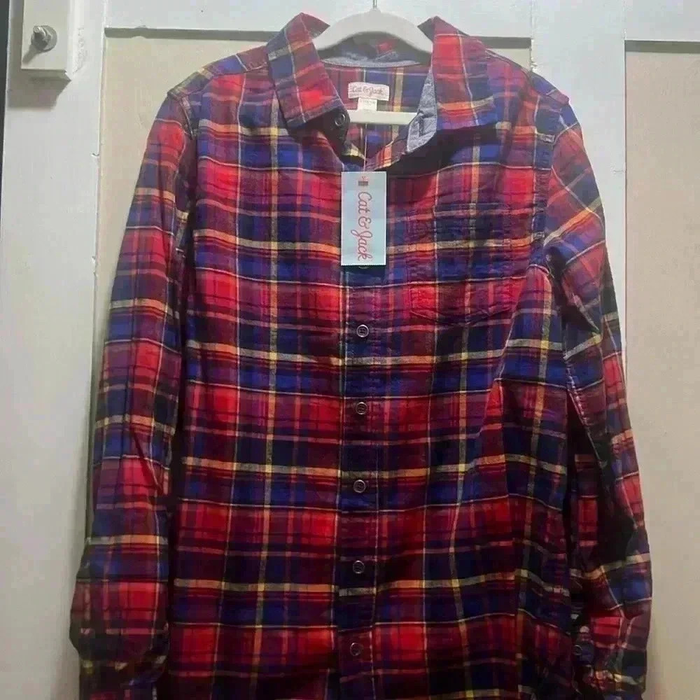 Boys a L 12/14 cat and jack new with tags plaid shirt - Picture 1 of 2